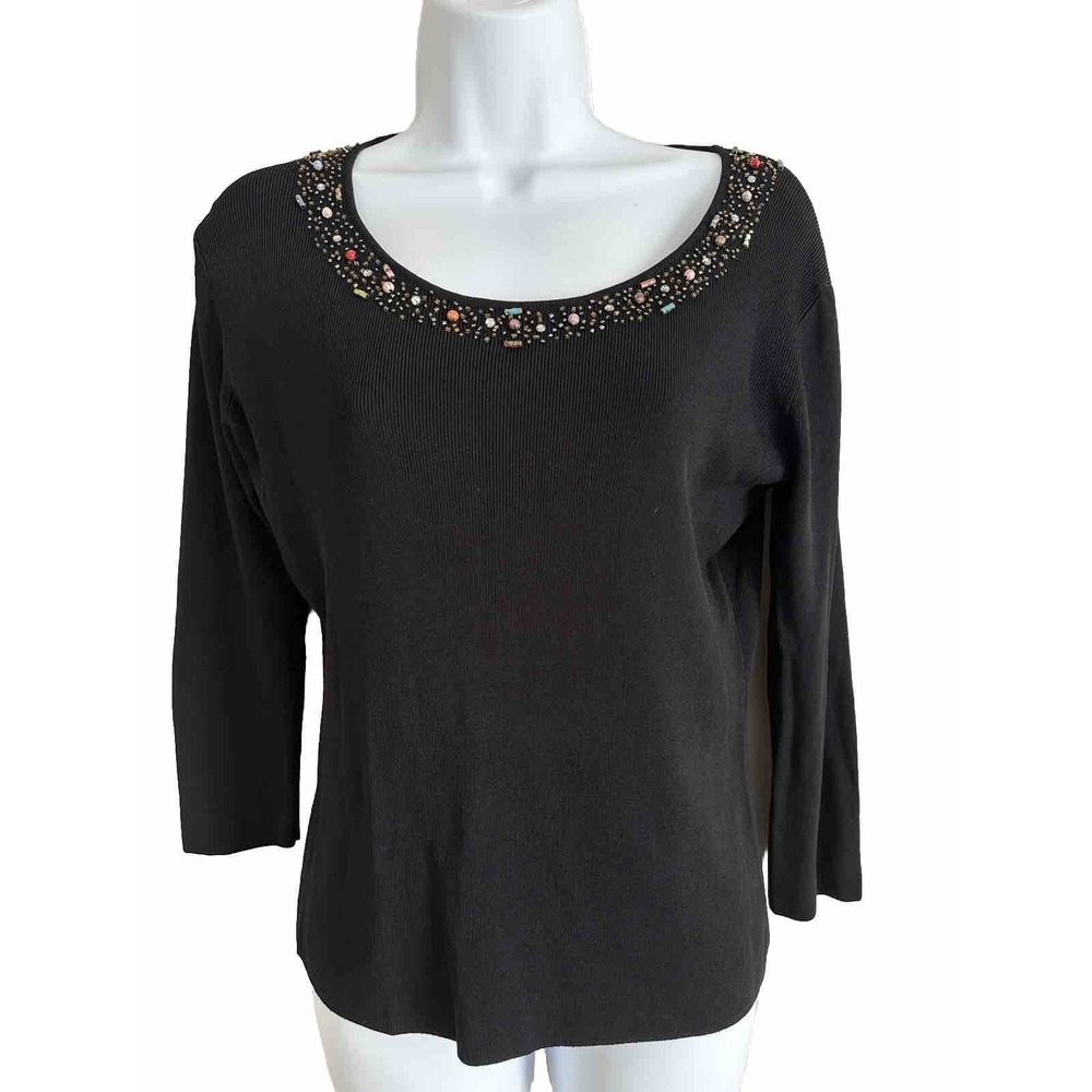 LouLou Top Womens Medium 3/4‎ Sleeves Black Stretch Beaded Round Neck VintageY2K